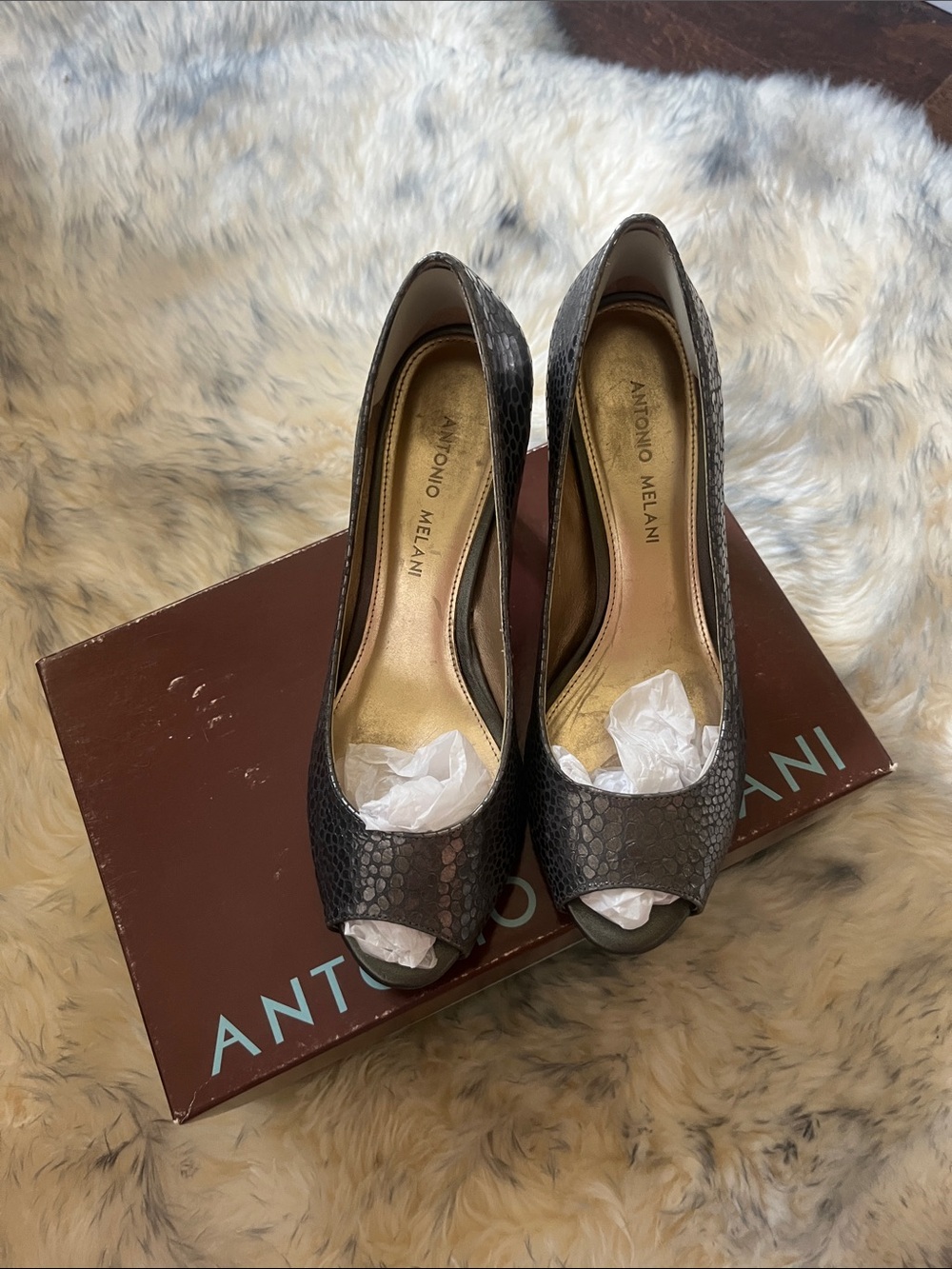 ANTONIO MELANI Metallic Snake-Embossed Peep-Toe Heels — Gunmetal